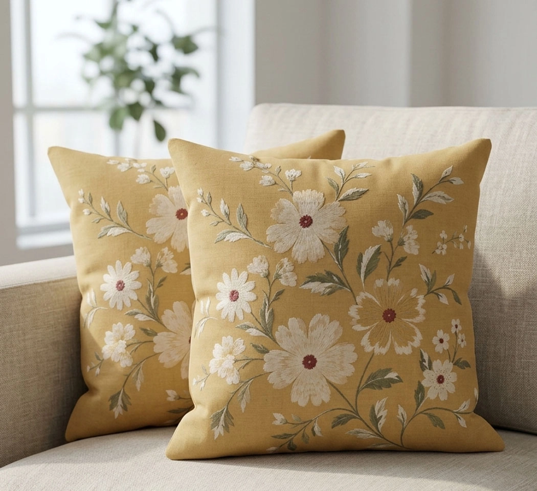 Vintage Mustard Floral Printed Cushion Cover – 16x16 Inches - (Pack of 2)